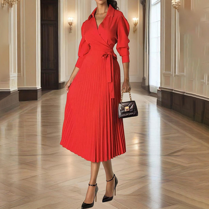 Women's Cross V-Neck Lapel Solid Color Long Sleeve Pleated Maxi Dress elyrafashion.com Women's Cross V-Neck Lapel Solid Color Long Sleeve Pleated Maxi Dress elyrafashion.com