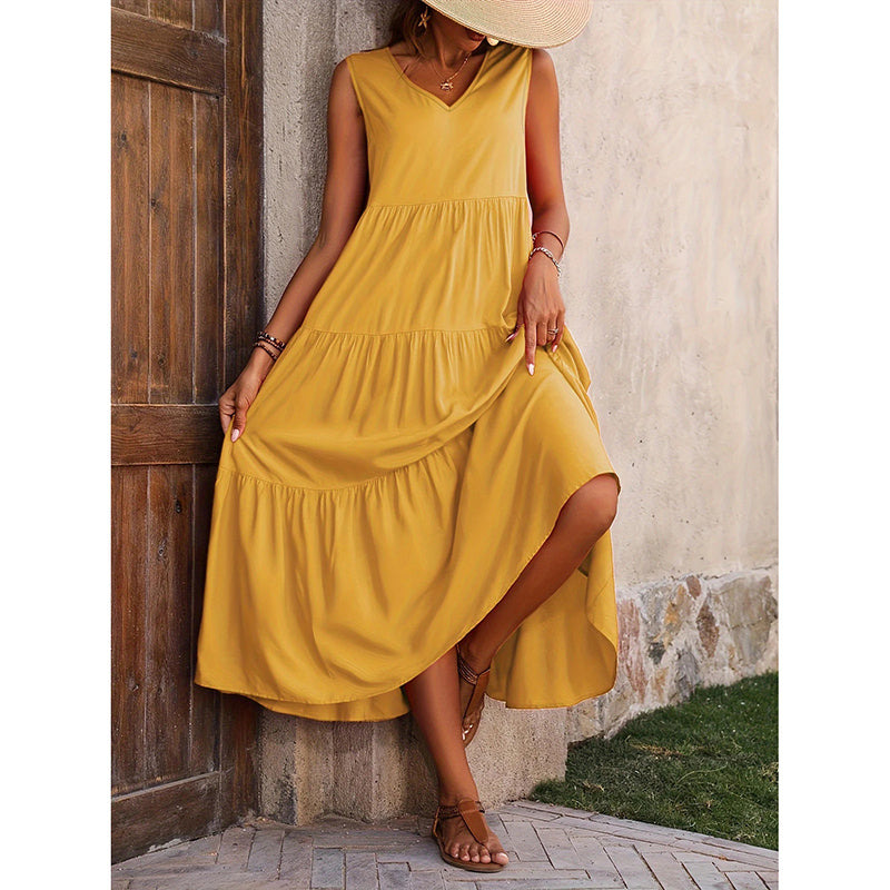 Women's Summer Casual Sleeveless V Neck Swing Dress Flowy Tiered Maxi Beach Dress