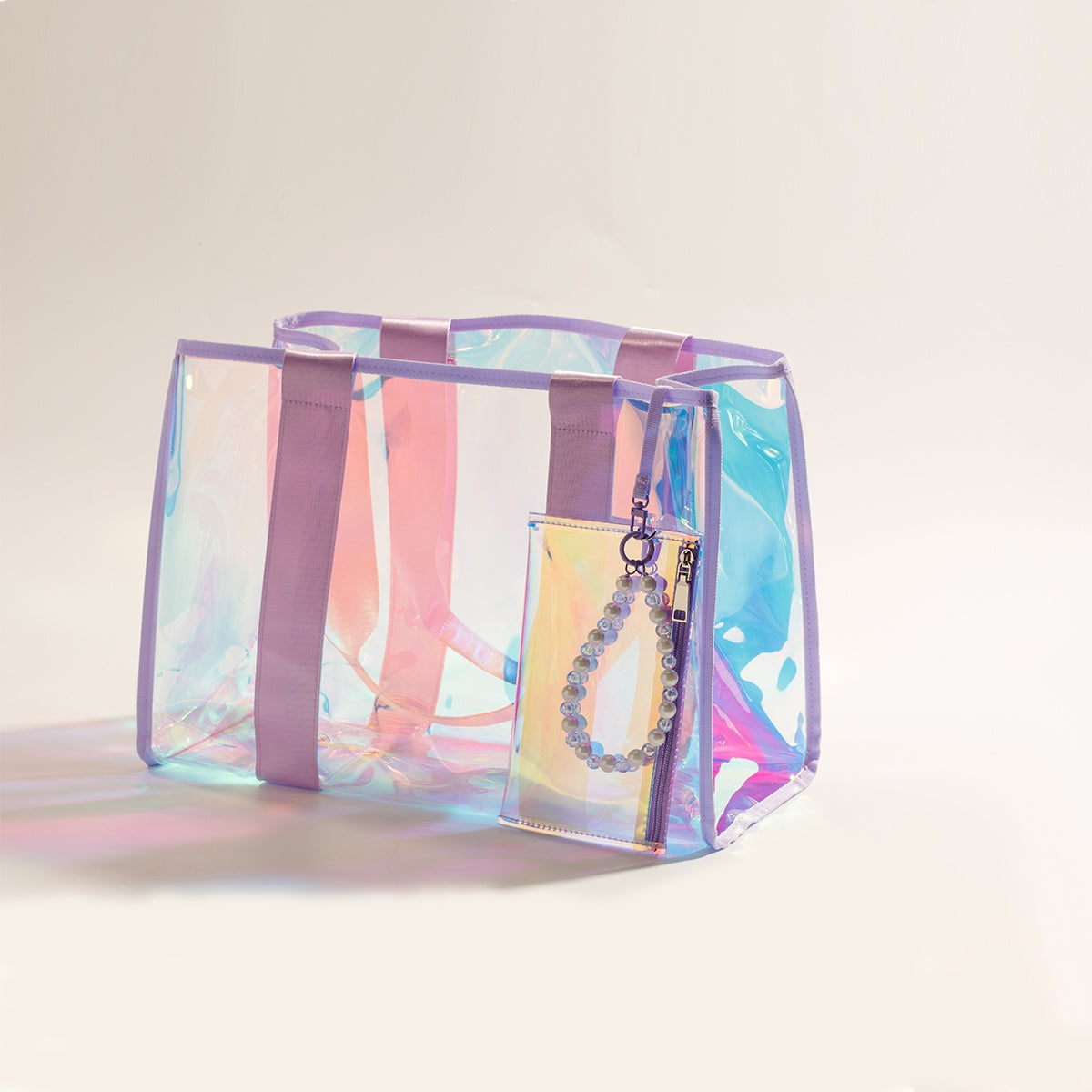 Women's Beach Bag, Beach Bag With Extra Waterproof Phone Pocket, Large Rainbow Color Clear Tote Bag