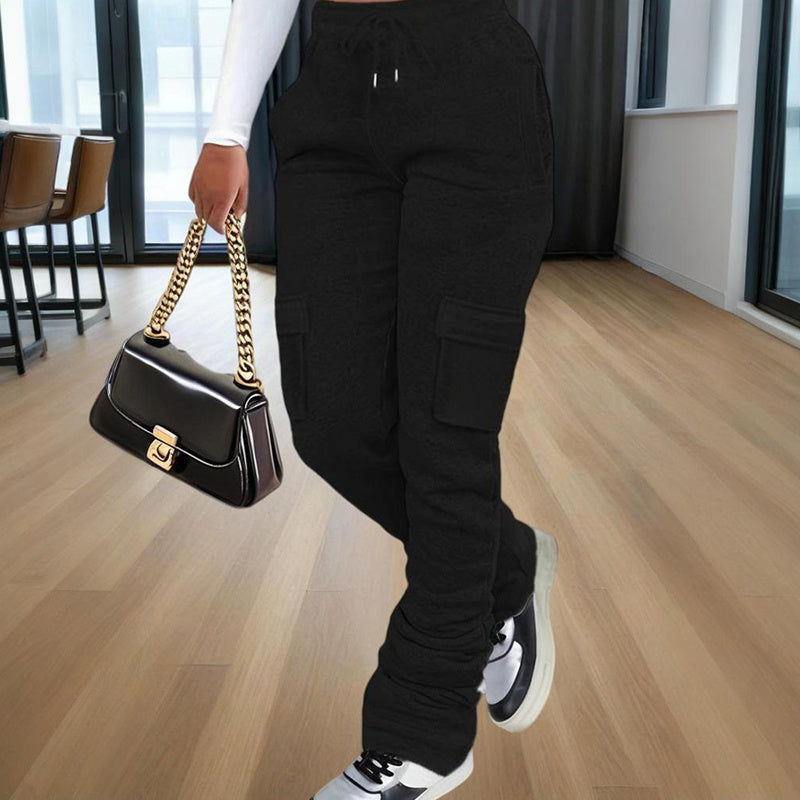 Women's Solid Color Straight Leg Pants - Stretchy Drawstring Waist With Dual Pockets Casual Trousers For Spring&Fall