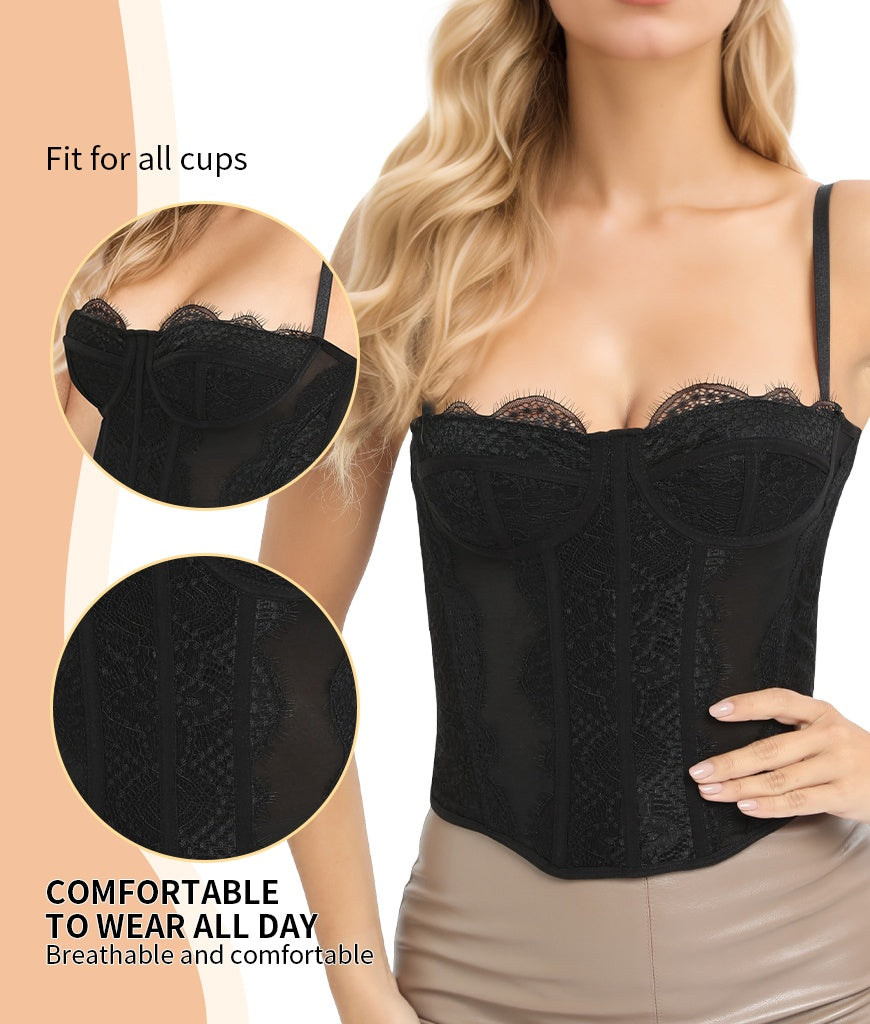 Lace Bustier Corset Tops For Women Going Out Mesh Overbust Adjustable Strap Waist Cincher Crop Bustier Party Rave Date Night Outfit Tank Top