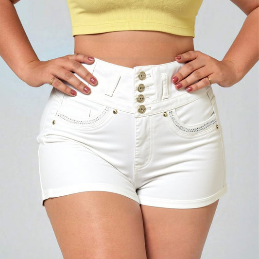 White High Waist Button Shorts Slim Fit Stretch Denim Bling Pocket Hot Girl Summer Look Club Chic Curve Flattering Pants For Women