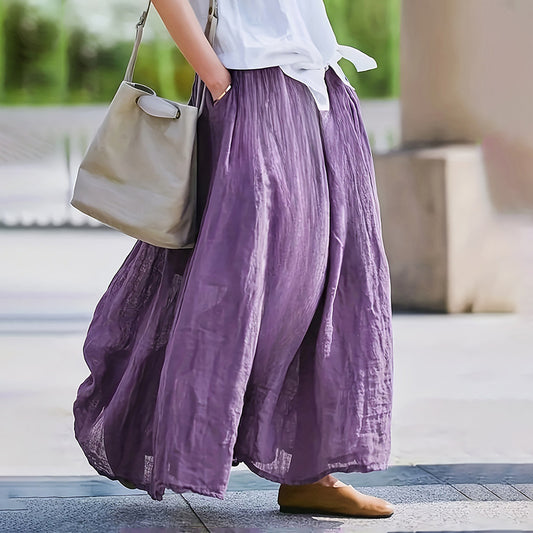 Women Bohemian Beach A-Line Dress Elastic Waist Flowy Long Maxi Skirt With Pockets