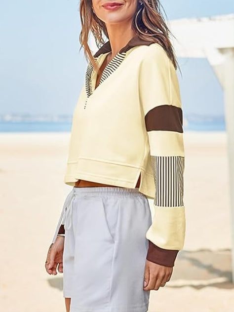 Fisoew Women's Long Sleeve Crop Tops Polo V Neck Color Block Casual Loose Pullover Cropped Sweatshirt