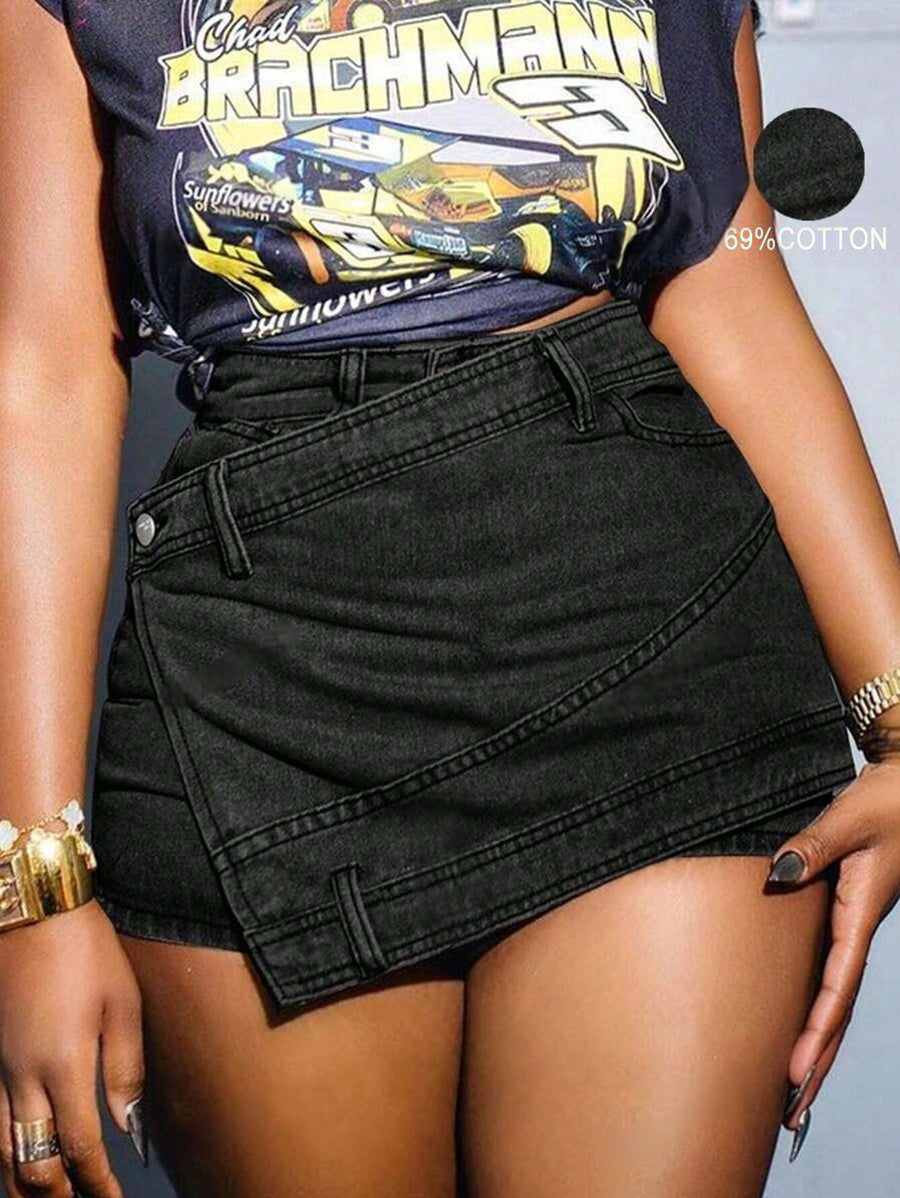 Grunge Punk Street New Vintage Stretchy Overlap Waist Wrap Asymmetric Hem A-Line Skinny Denim Skirts Halloween Clothes Jeans