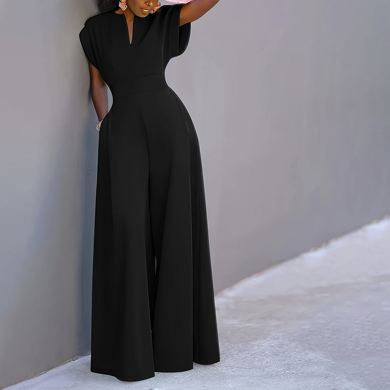 Women's V-Neck Solid Color Short Sleeve Jumpsuit Wide Leg A-Line Waist Tied Casual Summer Outfit
