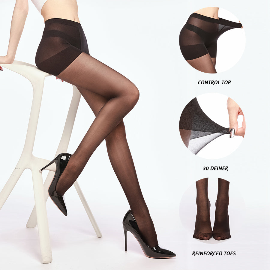 4 Pairs Women's Sheer Tights 20 Denier Control Top Pantyhose With Reinforced Toes
