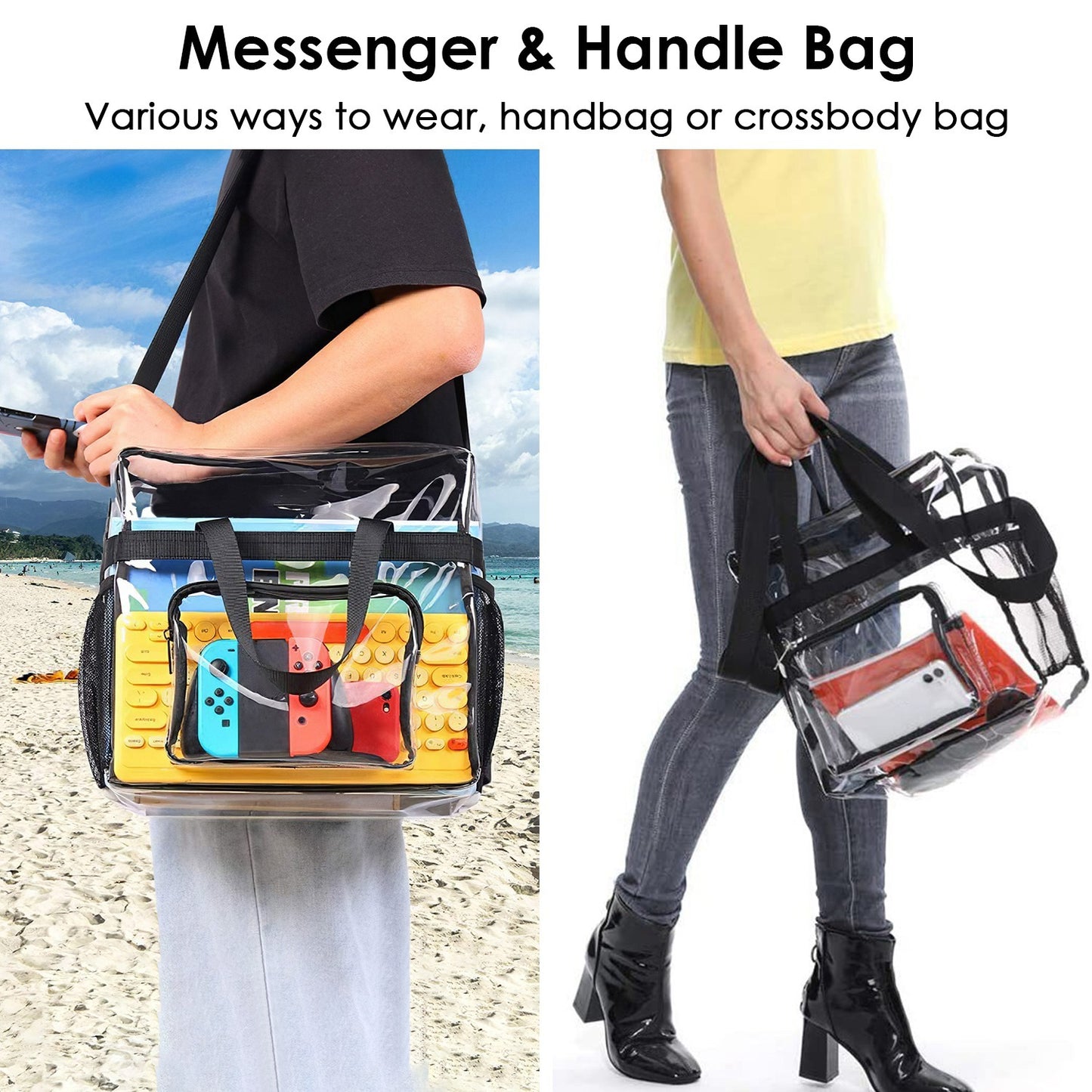 1Pc Clear Crossbody Bag Stadium Approved Clear Transparent Shoulder Bag See Through Zip Pouch Tote Bag Handbag With 11LBS Load