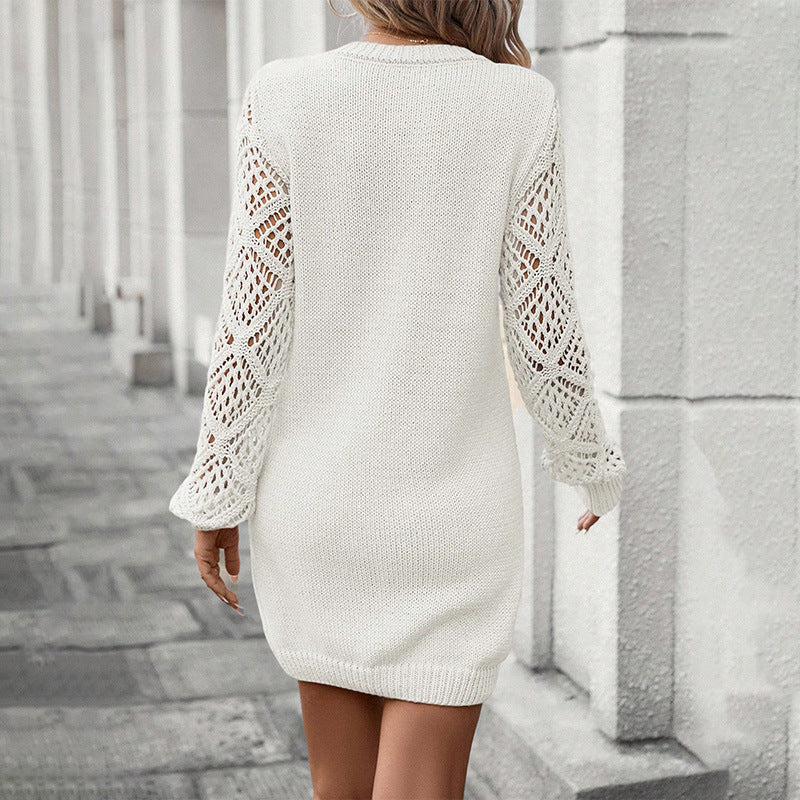 Elegant Women's Solid Color V-Neck Knit Dress - Long Sleeve Lace Cut-Out Design, Comfortable Dress For Spring&Fall