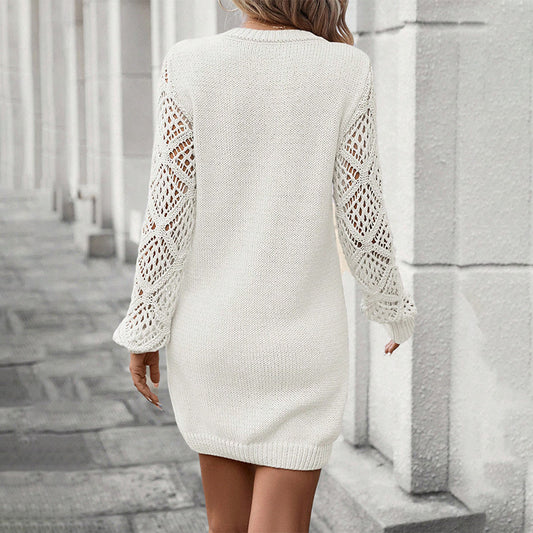 Elegant Women's Solid Color V-Neck Knit Dress - Long Sleeve Lace Cut-Out Design, Comfortable Dress For Spring&Fall