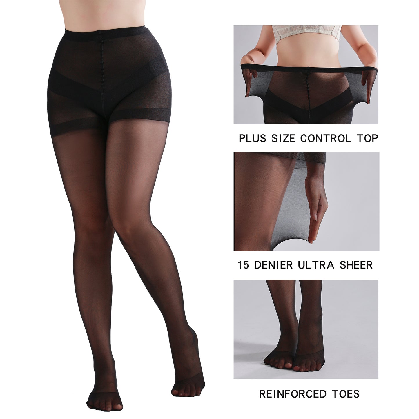 3 Pairs Plus Size Womens Sheer Tights 20D High Waist Control Top Pantyhose With Reinforced Toes