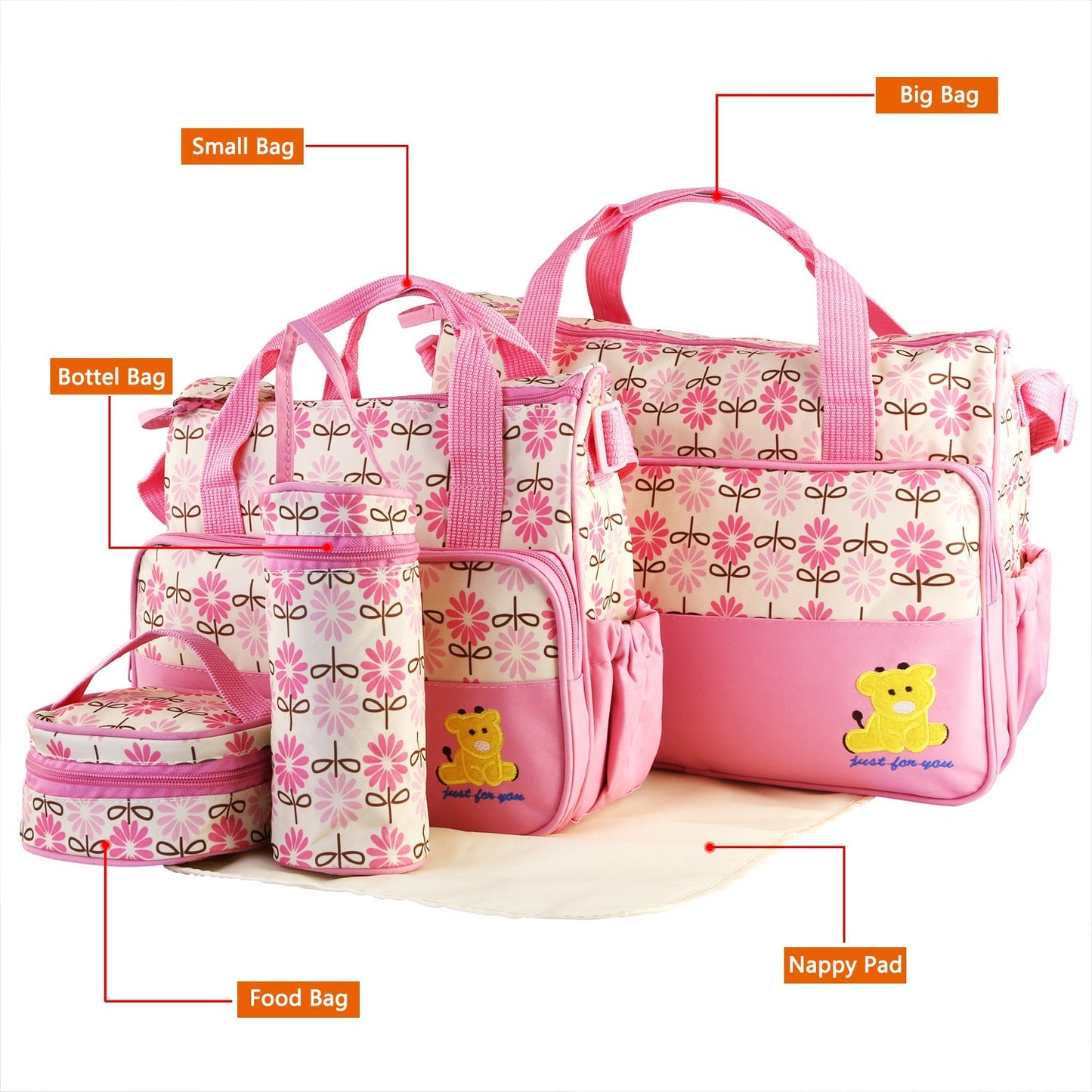 5PCS Per Set Baby Nappy Diaper Bags Set Mummy Diaper Shoulder Bags WithNappy Changing Pad Insulated Pockets Travel Tote Bags For Mom Dad