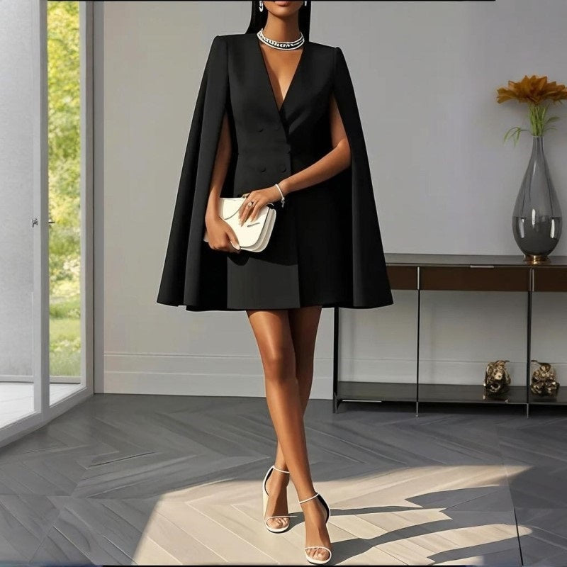 Women's Elegant Solid Color V Neck Double-Breasted Cape Blazer Dress Spring & Summer Party Banquet Outfit