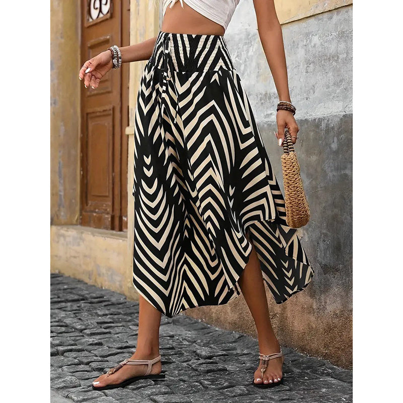 Women's High Elastic Waist Midi Skirt Casual Summer Trendy Tie Front Flowy Floral Print Beach Long Skirt