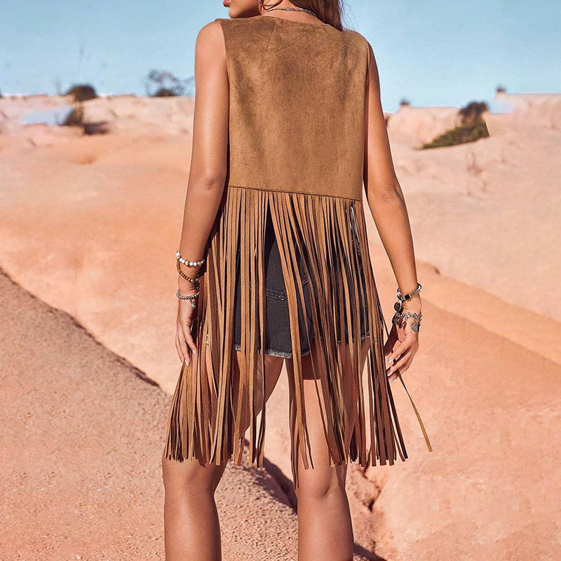 Women's Fringe Vest Sleeveless 70s Hippie Faux Suede Trim Western Cowgirl Tassel Jacket Cardigan