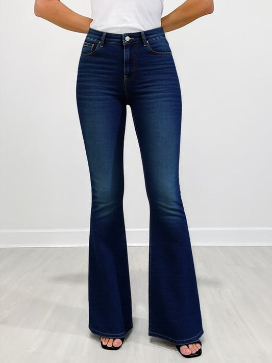 Women's High-Waist Fold-over Jeans, Wide-Leg Full-Length Jeans With An Embroidered Layered Waistband, Vintage-Wash Denim For All Seasons