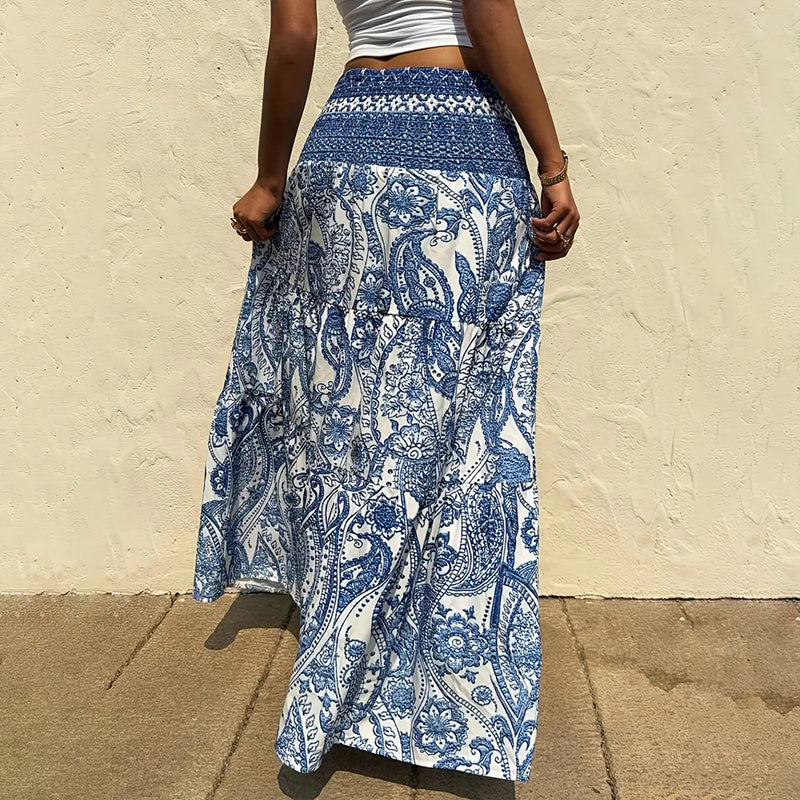 Women's Boho Floral Print Maxi Skirt - Elastic Waist A-Line Long Skirt For Spring&Summer Casual Beach Skirt