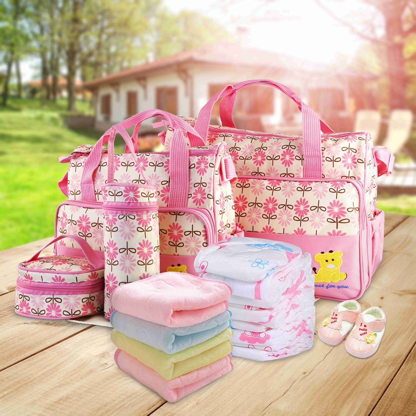 5PCS Per Set Baby Nappy Diaper Bags Set Mummy Diaper Shoulder Bags WithNappy Changing Pad Insulated Pockets Travel Tote Bags For Mom Dad