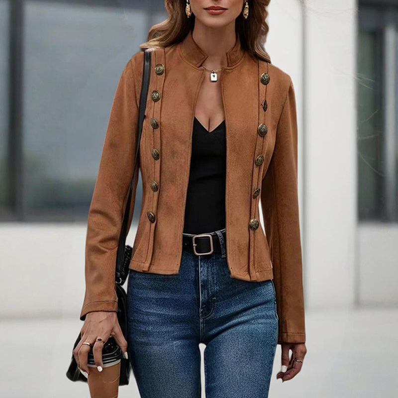 Women's Stand Collar Double-Breasted Jacket - Solid Color Long Sleeve Streetwear Coat Lightweight Spring&Fall Fashion