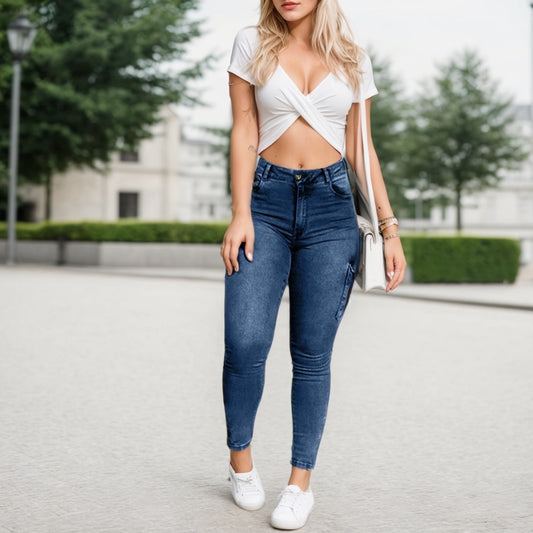 Multi-pocket High-stretch Mid-rise Zipper-hem Skinny Pencil Pants, Urban Style Women's Jeans And Clothing Cargo Jeans