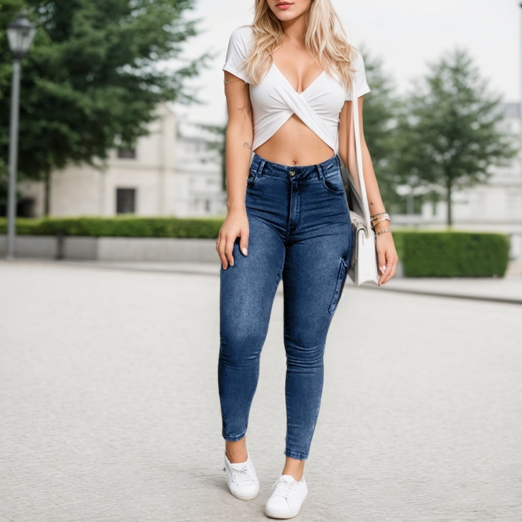 Multi-pocket High-stretch Mid-rise Zipper-hem Skinny Pencil Pants, Urban Style Women's Jeans And Clothing Cargo Jeans