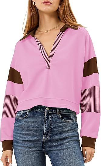 Fisoew Women's Long Sleeve Crop Tops Polo V Neck Color Block Casual Loose Pullover Cropped Sweatshirt