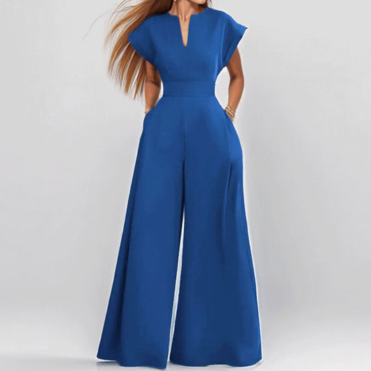 Women's V-Neck Solid Color Short Sleeve Jumpsuit Wide Leg A-Line Waist Tied Casual Summer Outfit