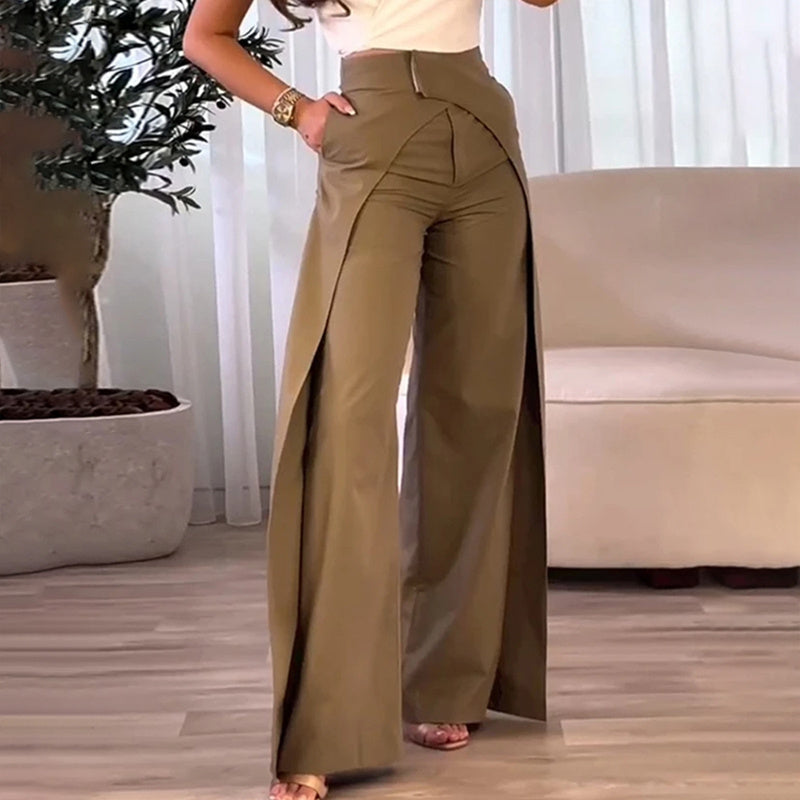 Women's Solid Color High-Waisted Wide-Leg Pants With Crossover Design Pockets Casual Spring & Fall Trousers