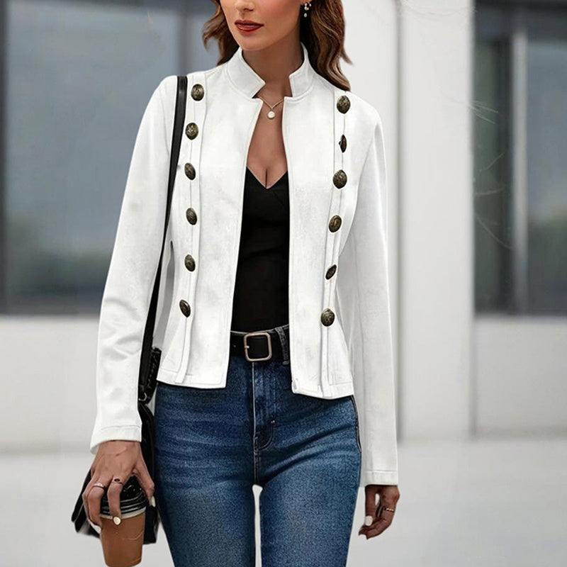 Women's Stand Collar Double-Breasted Jacket - Solid Color Long Sleeve Streetwear Coat Lightweight Spring&Fall Fashion