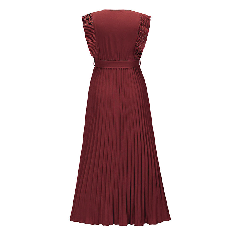 Women's Summer Maxi Dresses Elegant V Neck Ruffled Sleeves Empire Waist Pleated Flowy Wedding Guest Dress