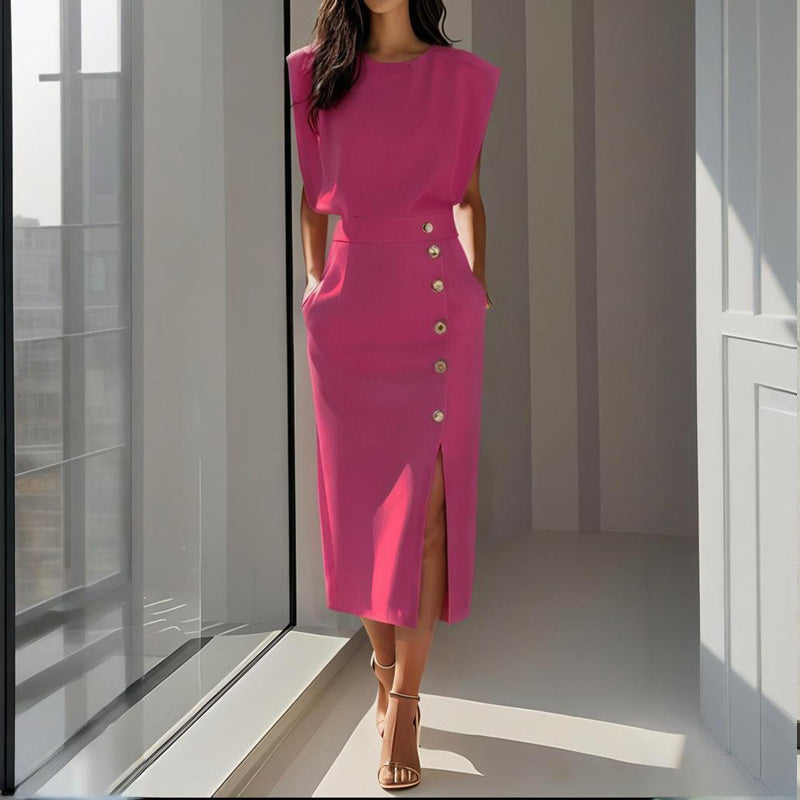 Women's Solid Color Round Neck Short Sleeve Dress With Side Slit, Button & Pockets - A-Line Cinched Waist Summer Casual Office Wear