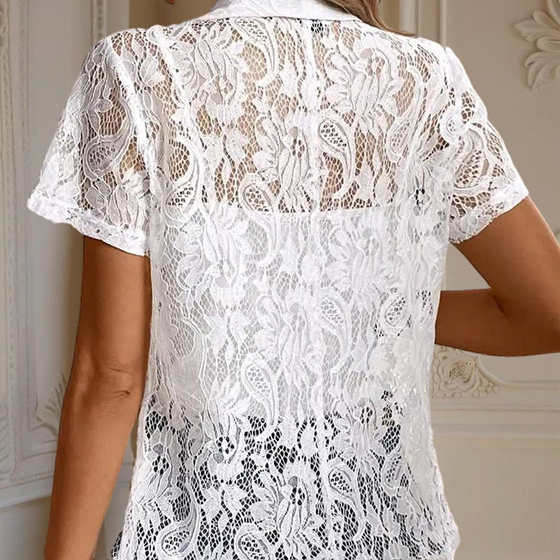 Elegant Solid Color Women's Lace Cardigan - Stylish Breathable Slim-Fit Spring&Summer Blouse With Floral Lace Detail