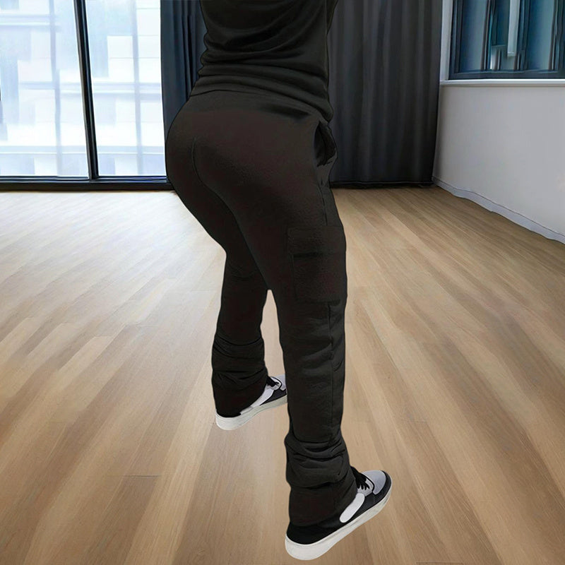 Women's Solid Color Straight Leg Pants - Stretchy Drawstring Waist With Dual Pockets Casual Trousers For Spring&Fall