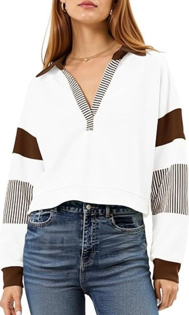 Fisoew Women's Long Sleeve Crop Tops Polo V Neck Color Block Casual Loose Pullover Cropped Sweatshirt