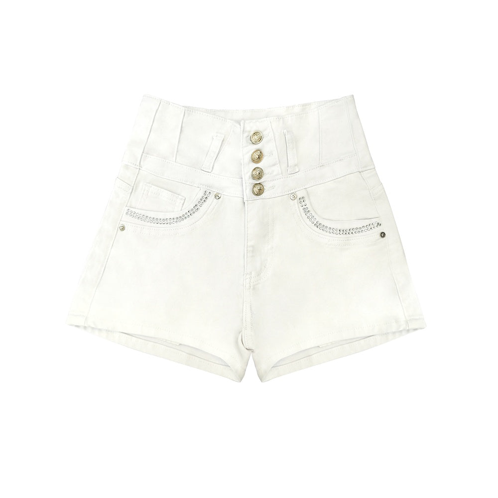 White High Waist Button Shorts Slim Fit Stretch Denim Bling Pocket Hot Girl Summer Look Club Chic Curve Flattering Pants For Women