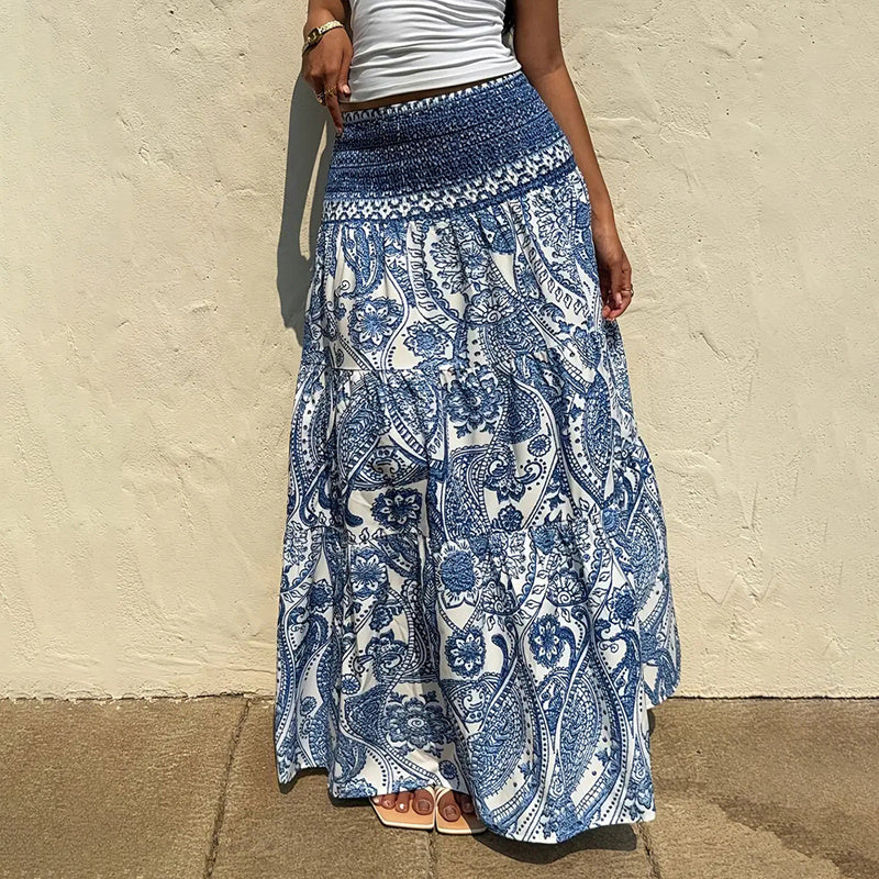 Women's Boho Floral Print Maxi Skirt - Elastic Waist A-Line Long Skirt For Spring&Summer Casual Beach Skirt