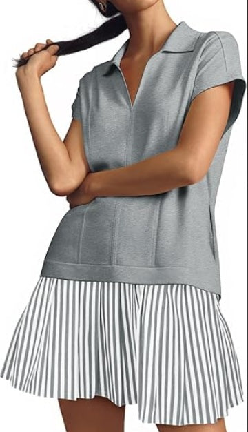Fisoew Womens Summer Mini Dress Casual Patchwork Short Sleeve Polo V Neck Striped Dresses With Pockets