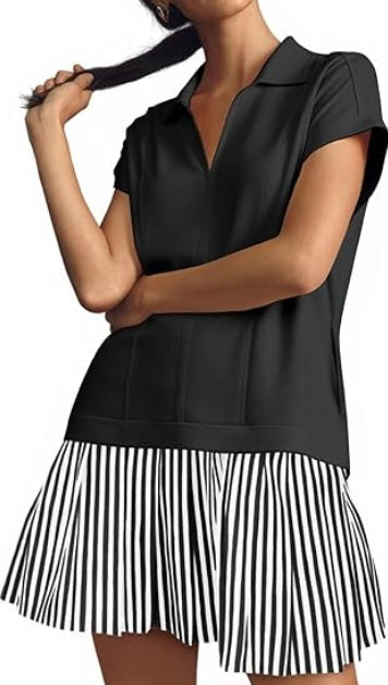 Fisoew Womens Summer Mini Dress Casual Patchwork Short Sleeve Polo V Neck Striped Dresses With Pockets