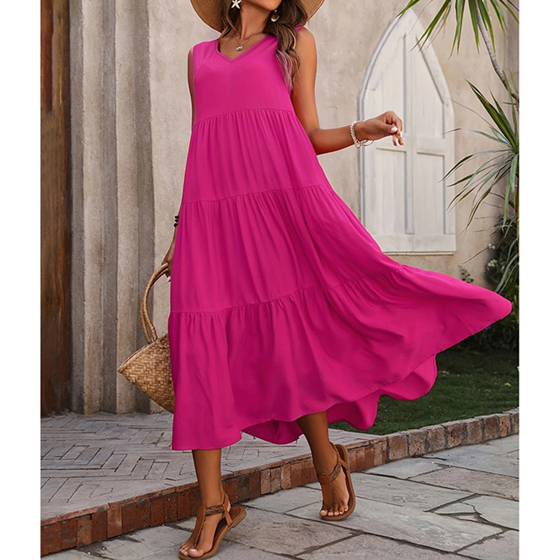 Women's Summer Casual Sleeveless V Neck Swing Dress Flowy Tiered Maxi Beach Dress