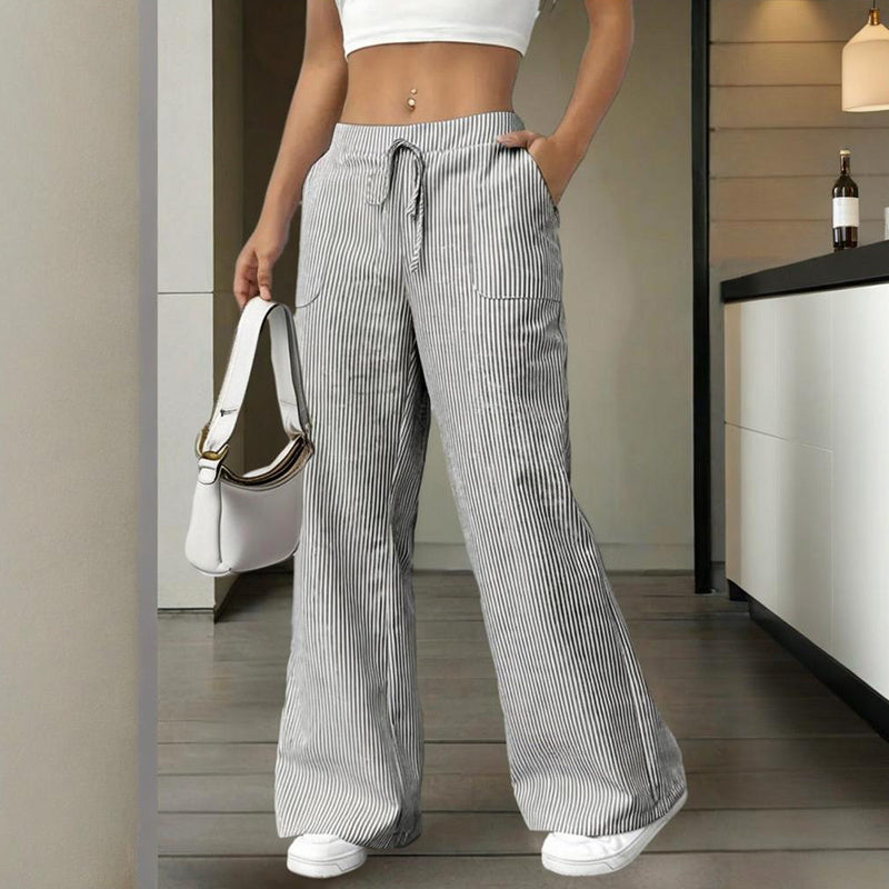 Women's Striped Wide Leg Pants With Pockets & Tie-Waist Detail - Casual Minimalist Trousers