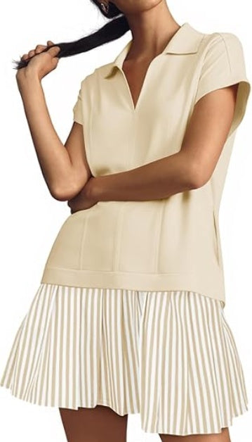 Fisoew Womens Summer Mini Dress Casual Patchwork Short Sleeve Polo V Neck Striped Dresses With Pockets
