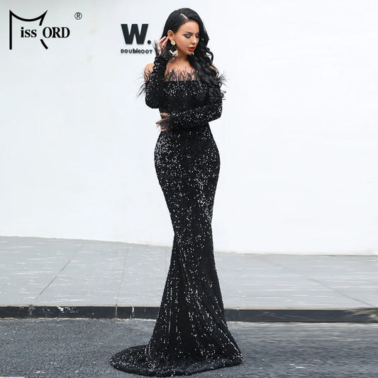 Women Sexy Off Shoulder Long Sleeve Feather Elegant Sequin Maxi Dresss