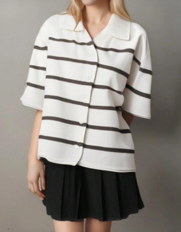 Women's 2025 Spring Summer Casual Fold-Down Short Sleeve Fashion Button Knitted Cardigan Sweater Navy Striped Sleeve Knitted Cardigan