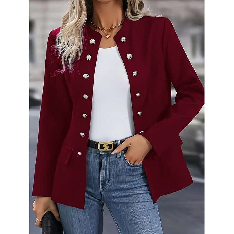 Women's Open Front Mock Neck Double Breasted Long Sleeve Blazer Business Jacket