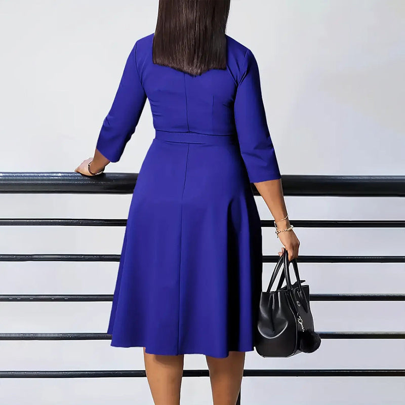Women's Elegant V-Neck Cross-Wrap A-Line Dress With Belt & Ruffled Hem - Office & Casual Solid Dress For Spring&Summer