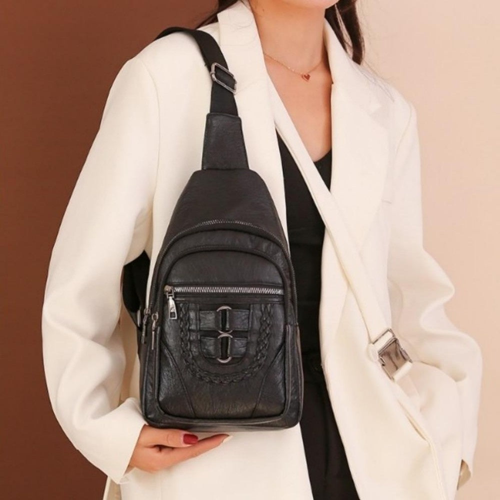 Sling Bag For Women, Multi Pockets CrossBody Bags, Purses Fanny Packs, Vegan Retro Leather Braiding Sling Backpack For Travel